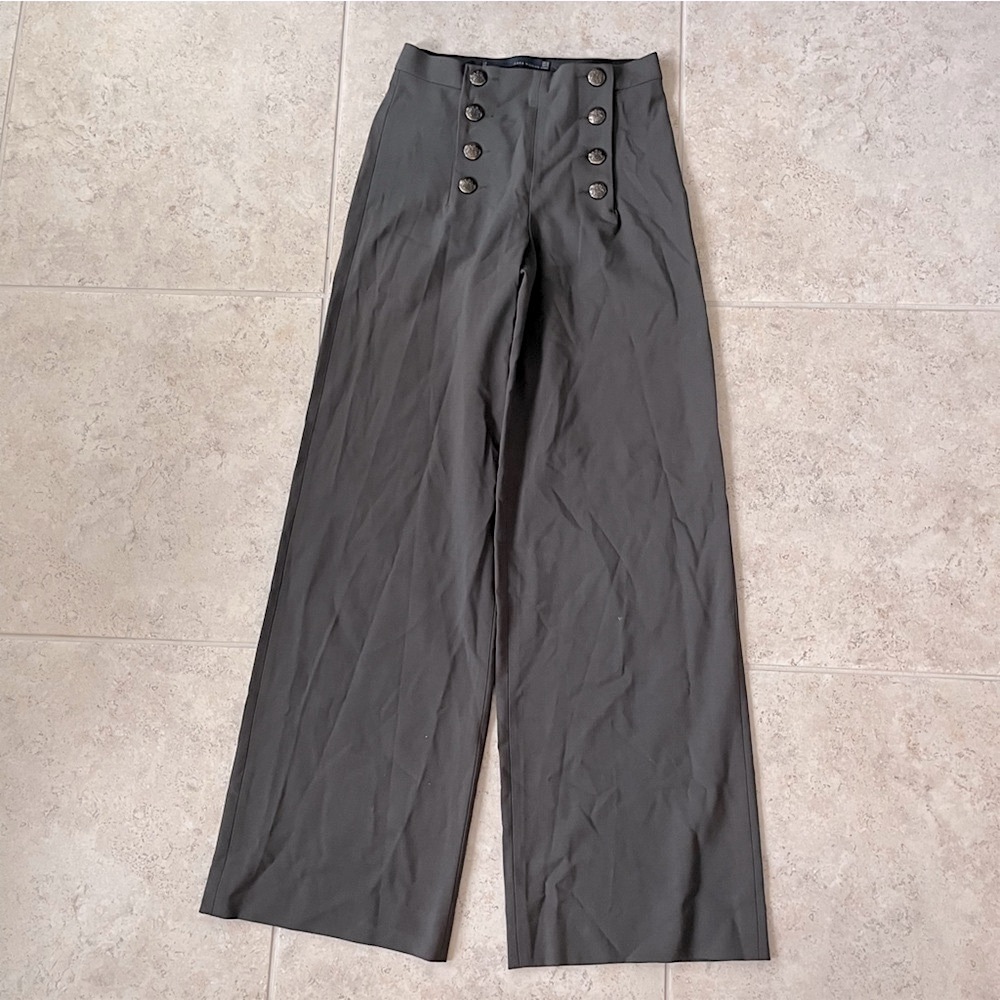Zara Double Breasted Olive Green Gray Wide Leg Trousers Casual Formal Pants